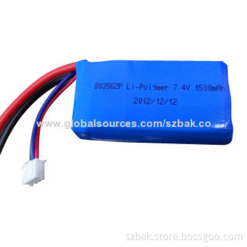 803562P Li-polymer Battery Pack, 7.4V 1,500mAh, Sized 8.0*35*62mm